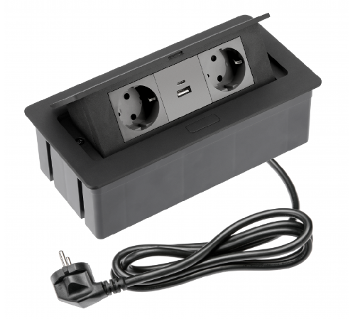 Блок розеток GTV SOFT 2 розетки SCHUKO USB А+С провід 1,5м з вилкою Чорний 
